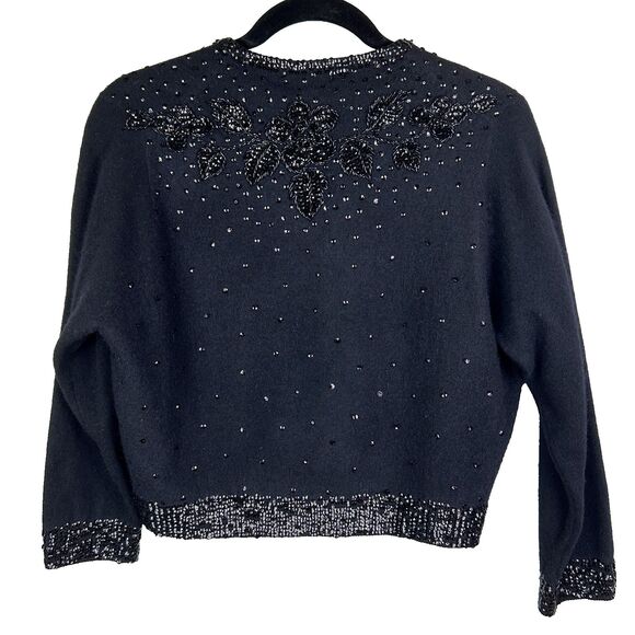 Cyn Les Vintage 1950's Lambs Wool & Angora Sequin Beaded Knit Cardigan Black 40 - Picture 4 of 15